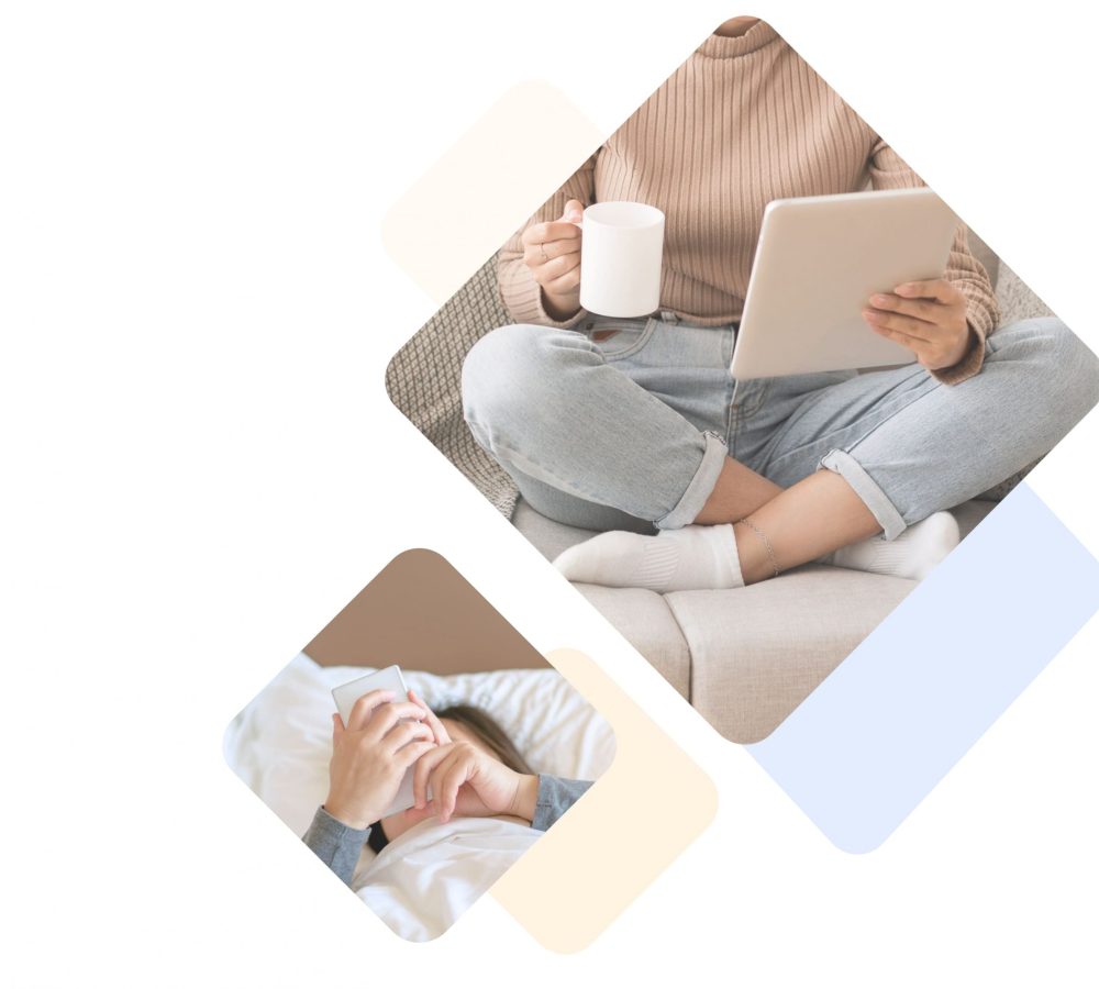 Person sitting with a tablet and holding a mug, and using a phone in bed readinf PrepKingz blog about amazon fba/fbm, e-commerce and warehouse.